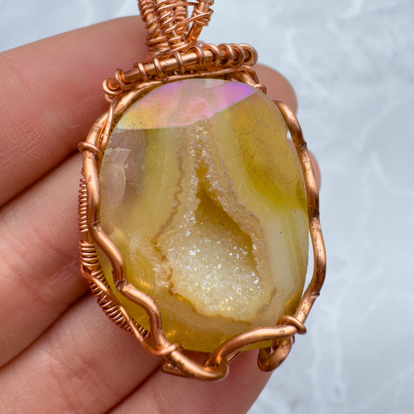 handmade copper wire wrapped aura druzy Agatę pendant