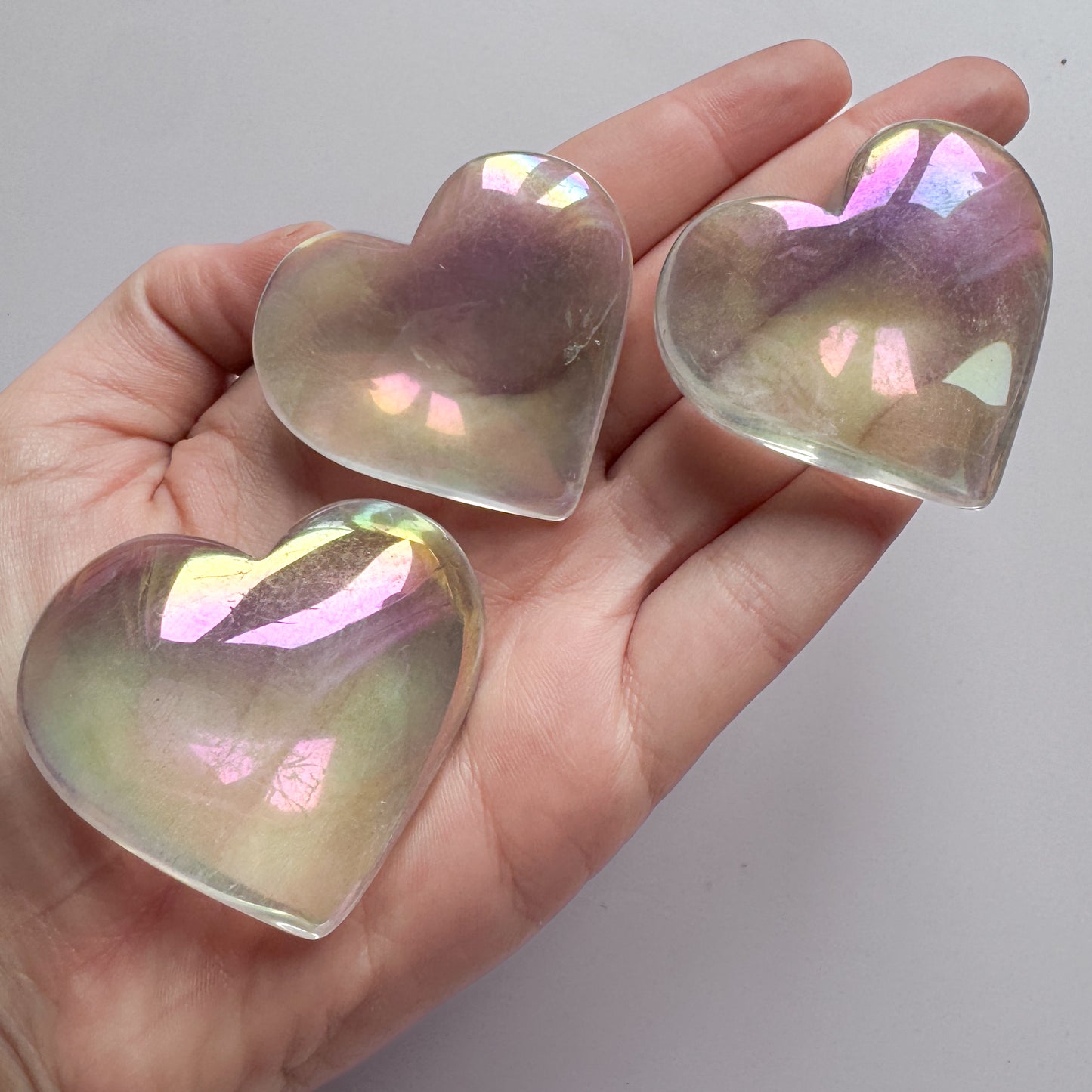 3x Aura Clear Quartz Hearts Lot