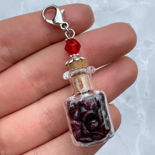 Glass Bottle Keyring Charm With Garnet