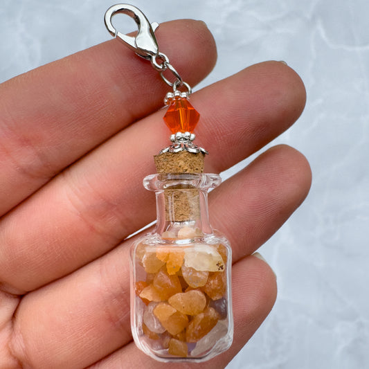 Glass Bottle Keyring Charm With Peach Aventurine