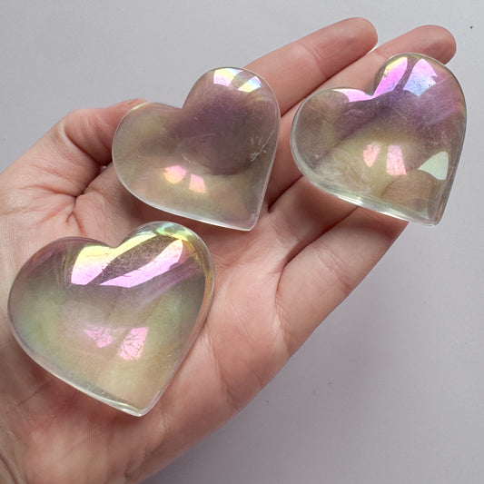 3x Aura Clear Quartz Hearts Lot